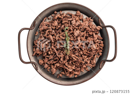 Fried mince beef and pork meat, fresh cooked mincemeat isolated on white background 120873155