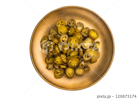 Pickled Jalapeno, Marinated Green Mexican pepper Slices isolated on white background Pickled Jalapeno, Marinated Green Mexican pepper Slices isolated on white background 120873174