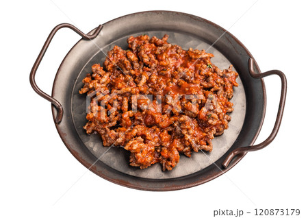 Bolognese Sauce, Authentic Italian meat and tomato pasta recipe isolated on white background 120873179
