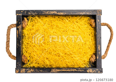 Vermicelli pasta, Raw uncooked in a tray isolated on white background. top view Vermicelli pasta, Raw uncooked in a tray isolated on white background. top view 120873180