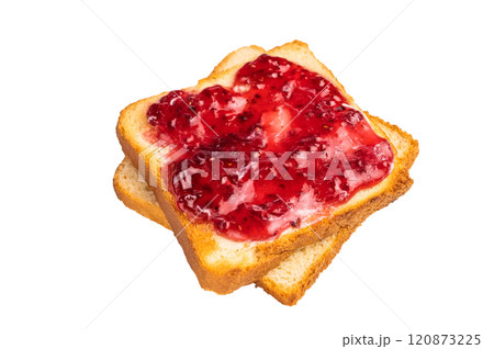 Toast with butter and raspberry jam isolated on white background. top view 120873225