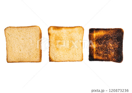 Set of slices of toasted bread, different colors, isolated on white background. top view Set of slices of toasted bread, different colors, isolated on white background. top view 120873236