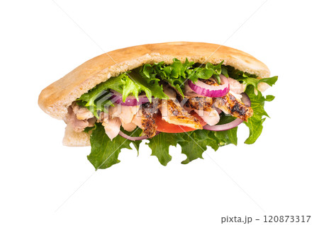 Gyros with grilled chicken meat, salad, tomato, onion, tzatziki in pita bread isolated on white background Gyros with grilled chicken meat, salad, tomato, onion, tzatziki in pita bread isolated on white background 120873317