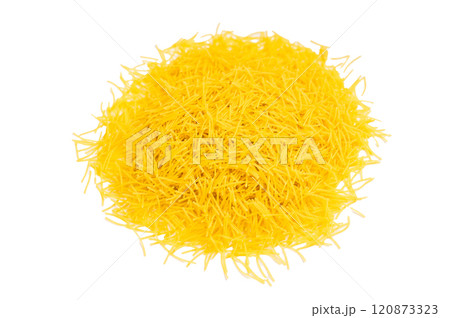 Dry uncooked vermicelli pasta isolated on white background. top view Dry uncooked vermicelli pasta isolated on white background. top view 120873323