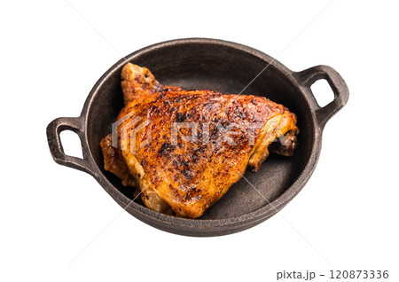 Roast chicken thigh with spices and herb isolated on white background. top view 120873336
