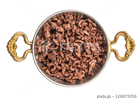 Fried mince lamb meat, cooked forcemeat in a skillet isolated on white background Fried mince lamb meat, cooked forcemeat in a skillet isolated on white background 120873350
