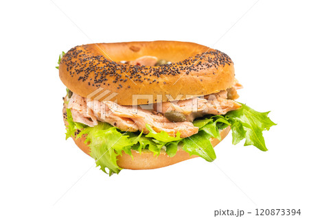 Bagel sandwich with cream cheese and hot smoked salmon isolated on white background Bagel sandwich with cream cheese and hot smoked salmon isolated on white background 120873394