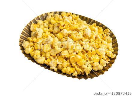 Fresh cheese and salty popcorn in a bowl isolated on white background 120873413