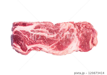 Raw Chuck eye roll steak, prime beef meat isolated on white background 120873414