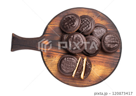Jaffa Cookies covered with chocolate and filled with jam isolated on white background 120873417