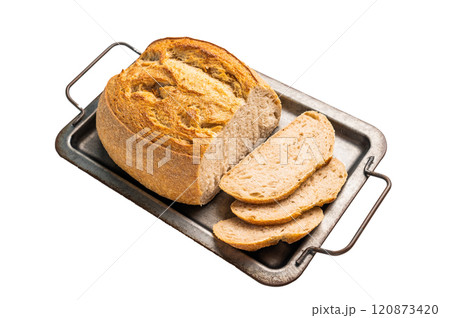 Handcrafted sliced tartin bread on kitchen tray isolated on white background. Top view Handcrafted sliced tartin bread on kitchen tray isolated on white background. Top view 120873420