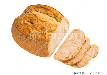 Handcrafted sliced tartin bread isolated on white background. Top view Handcrafted sliced tartin bread isolated on white background. Top view 120873435