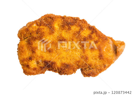 Breaded german weiner schnitzel steak, fried pork meat isolated on white background 120873442