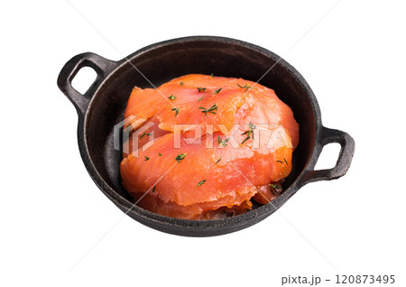 Salty salmon, trout fillet slices with herbs isolated on white background. top view Salty salmon, trout fillet slices with herbs isolated on white background. top view 120873495