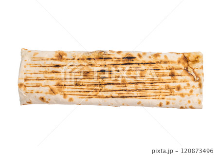 Traditional oriental shawarma, doner kebab with meat and salad isolated on white background Traditional oriental shawarma, doner kebab with meat and salad isolated on white background 120873496