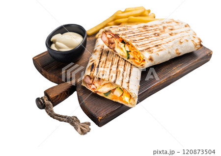 Turkish Shawarma, doner wrap sandwich with meat and salad isolated on white background 120873504