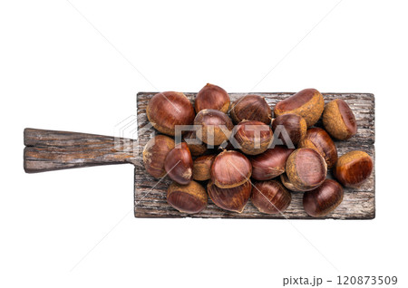 Fresh raw chestnuts on rustic wooden board isolated on white background 120873509