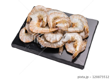 Uncooked Raw headless white shrimps prawns isolated on white background. 120873512