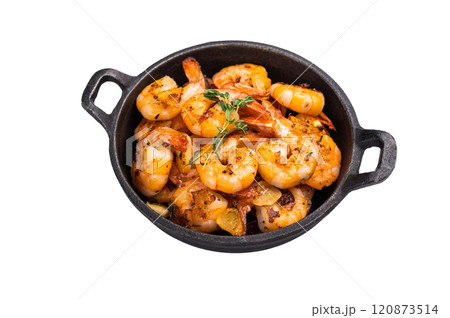 Fried Shrimps Prawns Sauteeing in Butter and Olive Oil isolated on white background. 120873514
