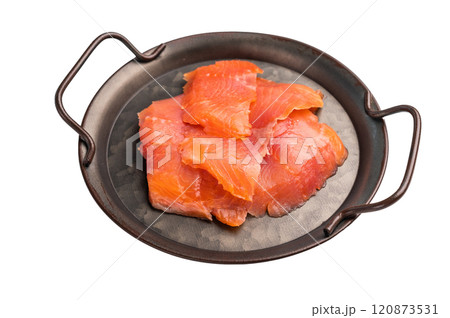 Slices of salted salmon, trout isolated on white background. top view 120873531