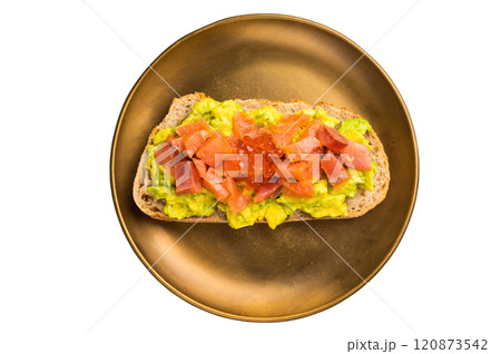 Bruschetta with salry salmon, trout slices, avocado and red caviar isolated on white background Bruschetta with salry salmon, trout slices, avocado and red caviar isolated on white background 120873542