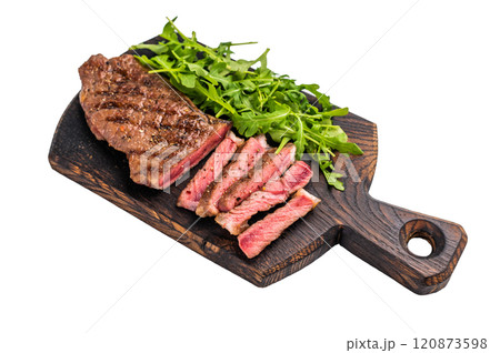 Roast on grill New York steak with salad, strip loin steak, prime beef meat isolated on white background 120873598