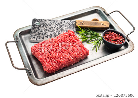 Uncooked Raw beef mince meat, forcemeat, in kitchen tray ready for cooking isolated on white background. Uncooked Raw beef mince meat, forcemeat, in kitchen tray ready for cooking isolated on white background. 120873606