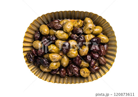 Marinated pickled mix olives in kitchen tray isolated on white background. Marinated pickled mix olives in kitchen tray isolated on white background. 120873611