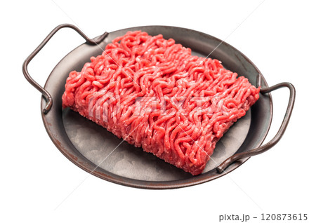 Fresh Raw pork and beef ground mince meat, mincemeat in a plate isolated on white background. 120873615