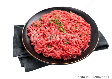 Lamb Mutton ground mince raw meat, forcemeat on a black plate, isolated on white background. 120873624