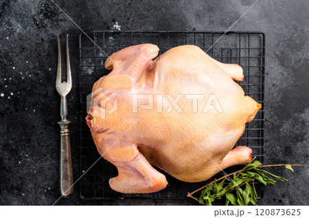 A raw whole chicken on a wire rack, ready for cooking A raw whole chicken on a wire rack, ready for cooking 120873625