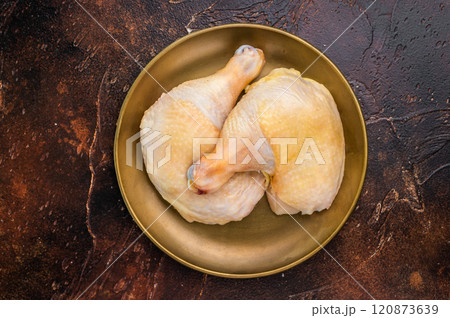 Chicken legs, raw poultry meat on black background, top view 120873639