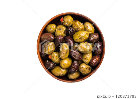 Black and green pickled olives in wooden bowl isolated on white background. Black and green pickled olives in wooden bowl isolated on white background. 120873785