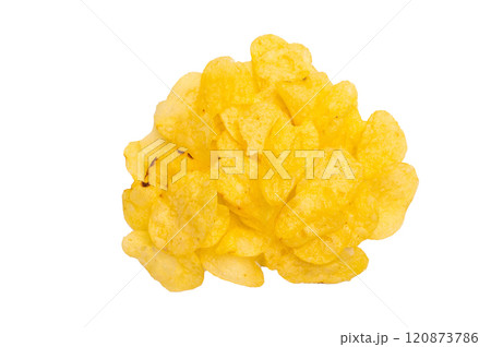 Heap of Crispy Potato salty chips isolated on white background Heap of Crispy Potato salty chips isolated on white background 120873786