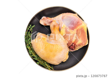 Raw farm chicken leg on cutting board, organic poultry meat isolated on white background 120873787