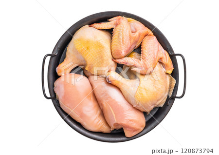 Raw chicken pieces in a black tray, ready for cooking,isolated on white background 120873794