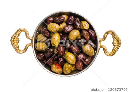 Mix olives with herbs and oil in skillet isolated on white background. Mix olives with herbs and oil in skillet isolated on white background. 120873795