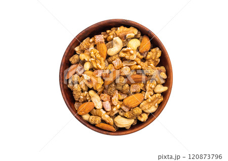 Assorted nuts, dry fruits, mix nuts, almond, cashew, pistachio, Hazelnut isolated on white background 120873796