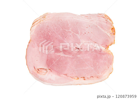 Thinly Sliced Pork Ham Prosciutto Cotto isolated on white background. top view Thinly Sliced Pork Ham Prosciutto Cotto isolated on white background. top view 120873959