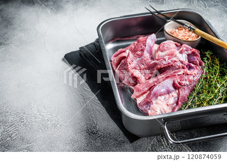 Ready for cooking raw Turkey thigh fillet meat. White background. Top view. Space for text 120874059
