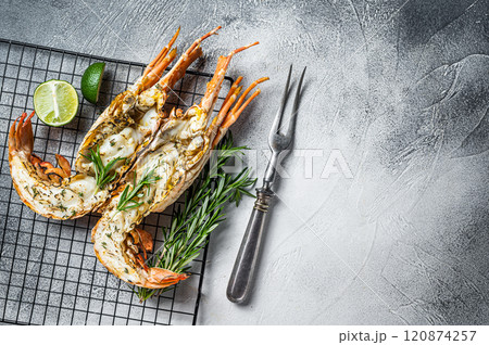 Barbecue grilled and sliced Spiny lobster or sea crayfish with herbs. White background. Top view. Copy space 120874257