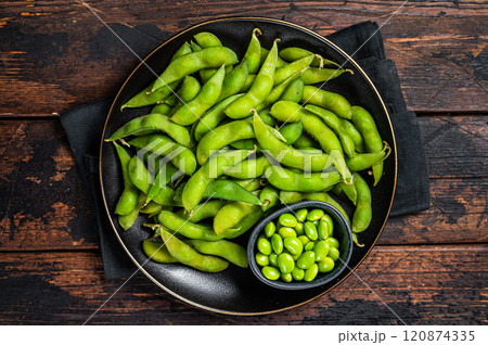 Japanese Raw Edamame Beans, fresh soy beans ready for cooking. Wooden background. Top view 120874335