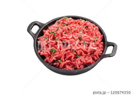 Lamb Mutton ground mince raw meat, forcemeat in a skillet, isolated on white background. 120874350