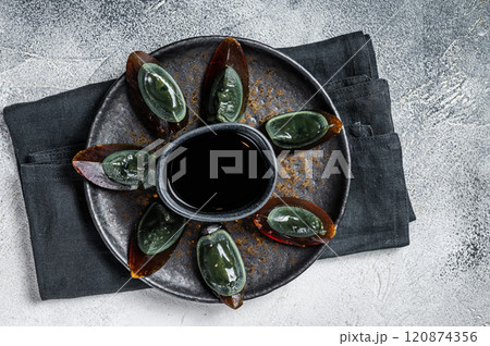 Preserved duck eggs or Century egg, Chinese cuisine. White background. Top view 120874356