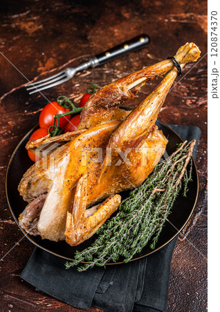 Roast guinea fowl with herbs and spices, cooked game bird. Dark background. Top view 120874370