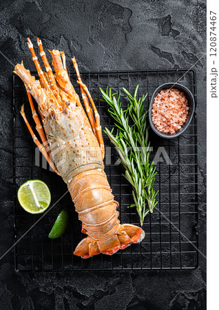 Boiled Spiny lobster or sea crayfish ready for eat. Black background. Top view 120874467