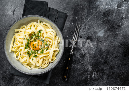 Traditional Bavarian Spaetzle egg Noodles with Butter and Parsley. Black background. Top view. Copy space Traditional Bavarian Spaetzle egg Noodles with Butter and Parsley. Black background. Top view. Copy space 120874471