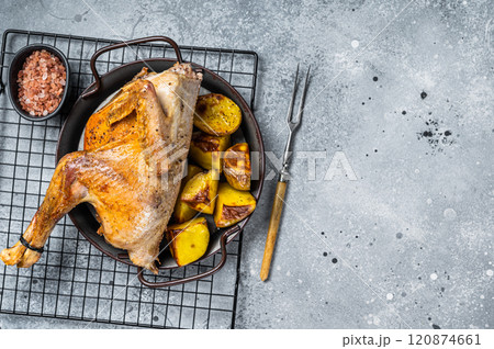 Baked Guineafowl, guinea fowl with potato in steel tray. Gray background. Top view. Copy space 120874661