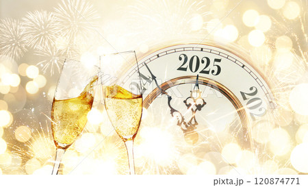 Vintage gold clock strikes New Year 2025 with glasses of champagne on a beige background with bokeh lights. New Year 2025 and Christmas card, creative idea. Start of the party and celebration holiday Vintage gold clock strikes New Year 2025 with glasses of champagne on a beige background with bokeh lights. New Year 2025 and Christmas card, creative idea. Start of the party and celebration holiday 120874771