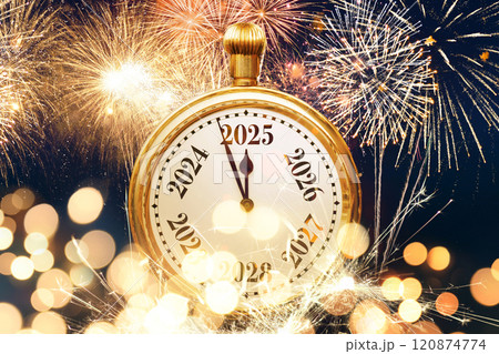 Vintage golden clock points to 2025 new year with lights bokeh and fireworks. New Year card, concept. Christmas, creative idea Vintage golden clock points to 2025 new year with lights bokeh and fireworks. New Year card, concept. Christmas, creative idea 120874774